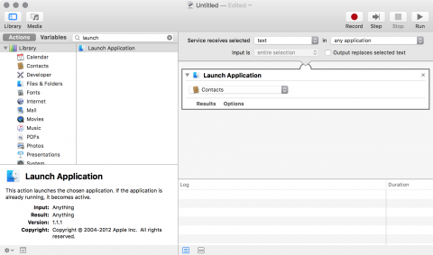 OS X Automator: Launch Application action ready for editing