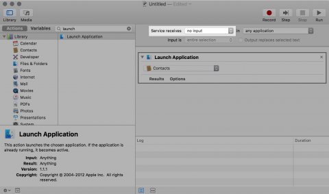 OS X Automator: Service receives → no input