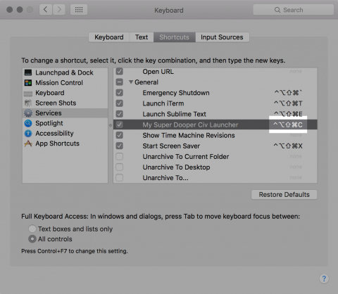 System Preferences → Keyboard → Shortcuts: Shortcut configured