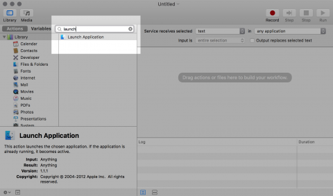 OS X Automator: Filtered actions illustration (filter: launch)