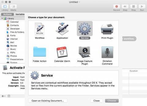 OS X Automator: New workflow dialogue