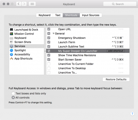 System Preferences → Keyboard → Shortcuts