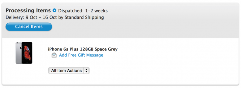 screen capture of my iPhone 6S Plus order status