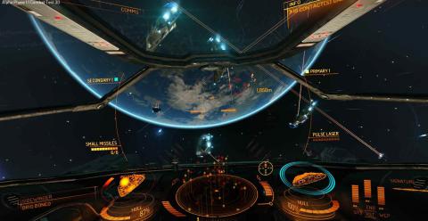 Space-ships prepare for battle in the orbit of a planet.