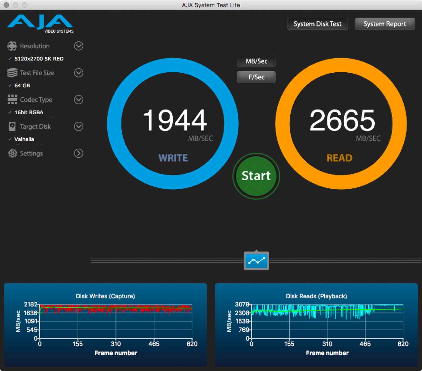 screen capture: AJA System Test, disk speed